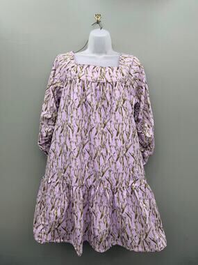 Happy X Nature Lavender Iris Floral Cotton Mini Dress L Puff Sleeve